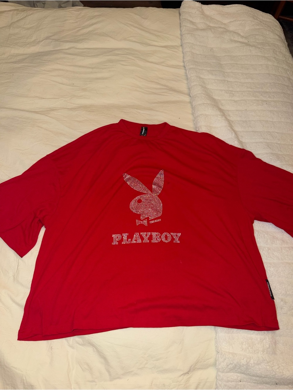 PLAYBOY Red Long Sleeve Tee with Rhinestone Bunny
